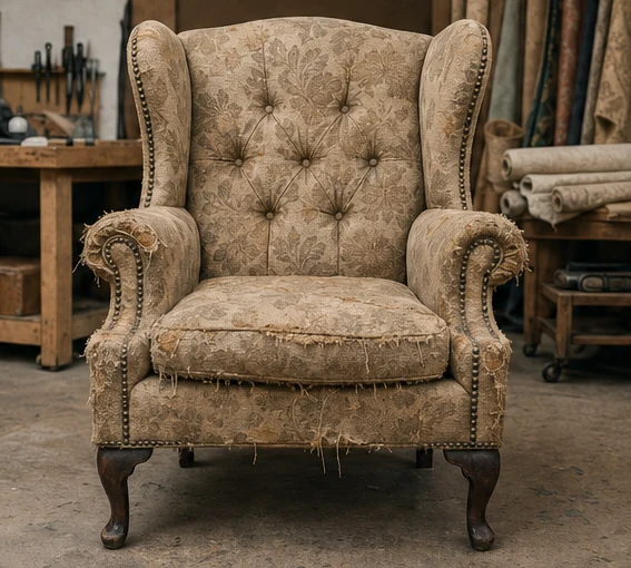 Worn wingback armchair, customer photo
